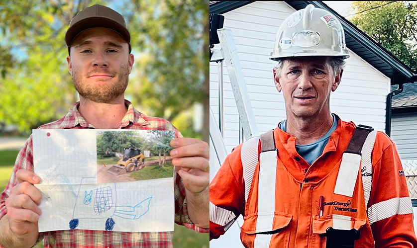 On the left, a man in a ballcap holding a drawing and photo. On the right, a man in a hard hat and orange safety shirt.