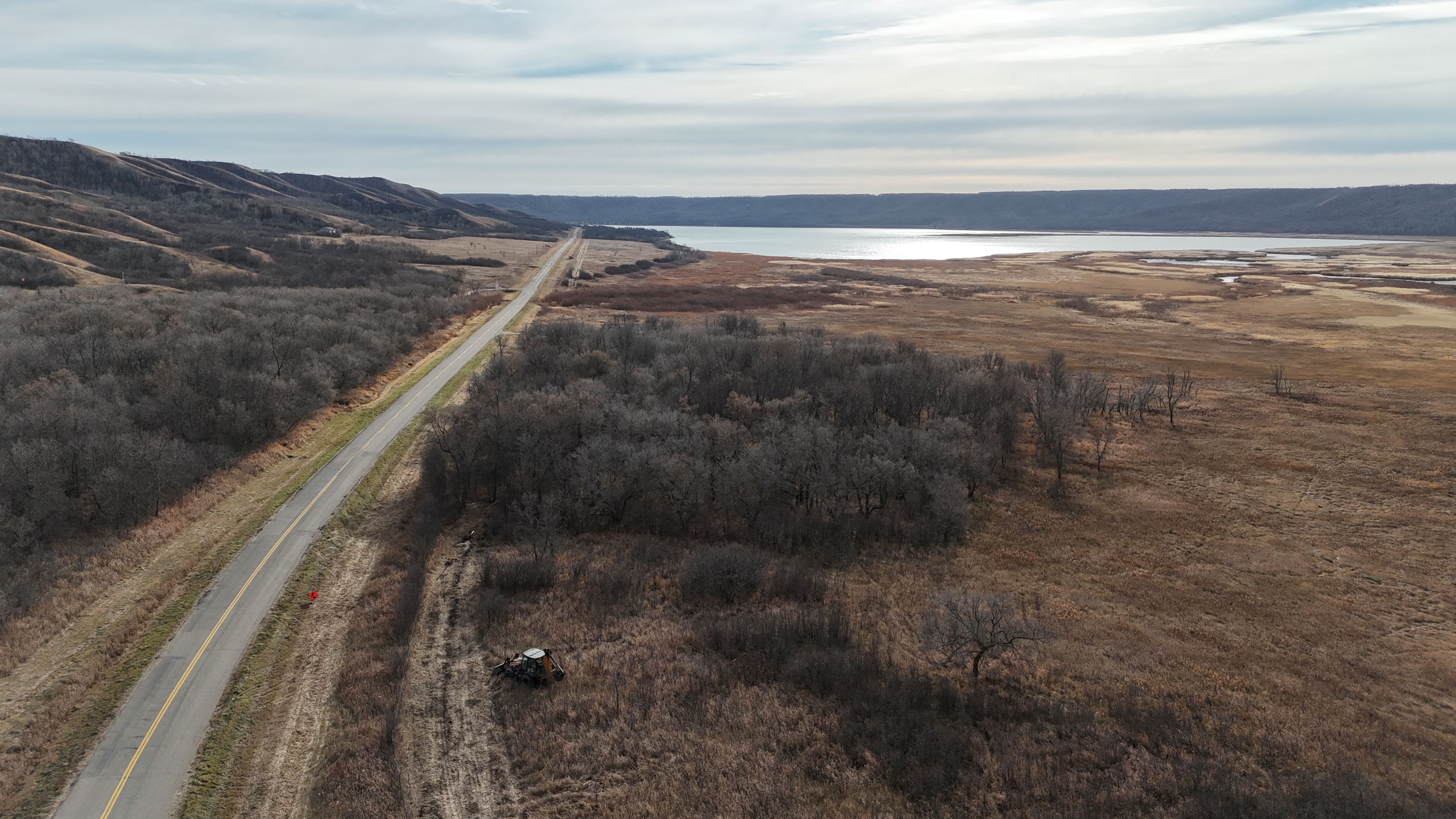 Overhead shot of work on the Zagime Anishinabek First Nation service project.
