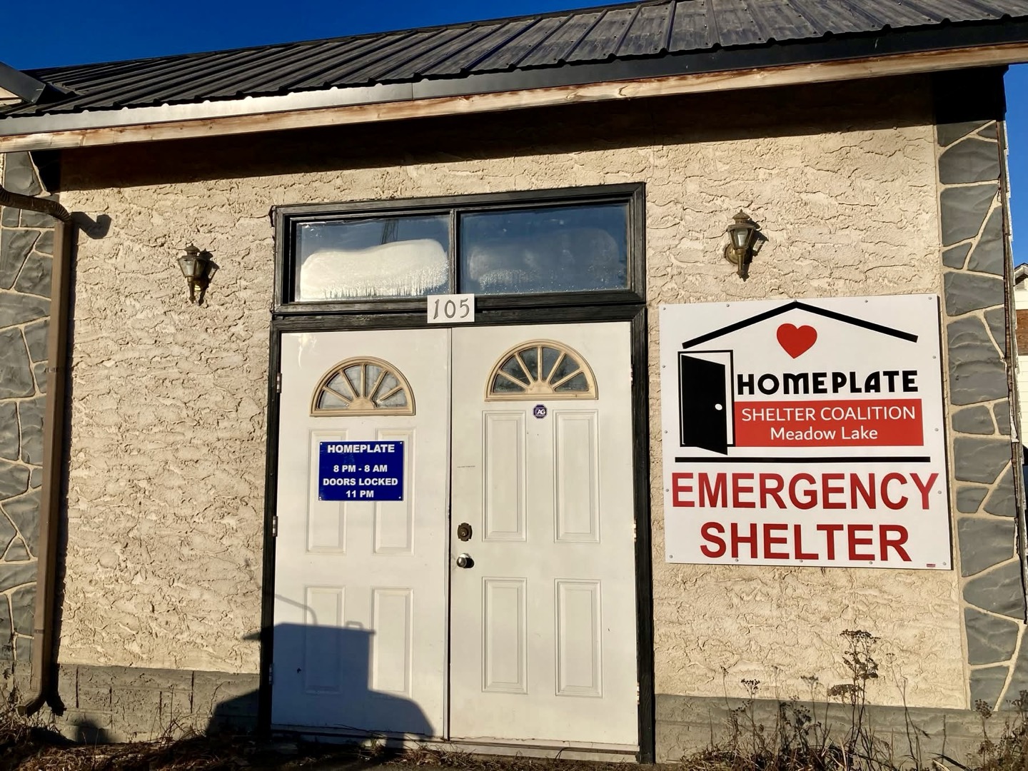 Front of a shelter