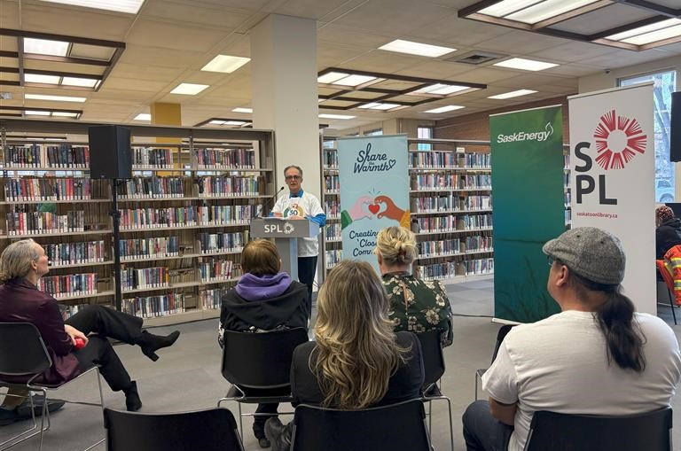 Mark Guillet, President and CEO, speaks at the Saskatoon Public Library.