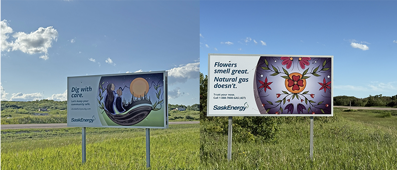 SaskEnergy safety signs installed in a field on White Bear First Nation.