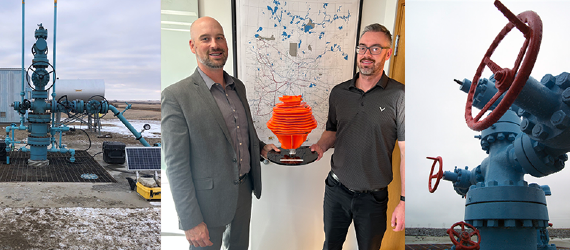 Above ground infrastructure at a storage cavern facility and two men holding a model of a storage cavern