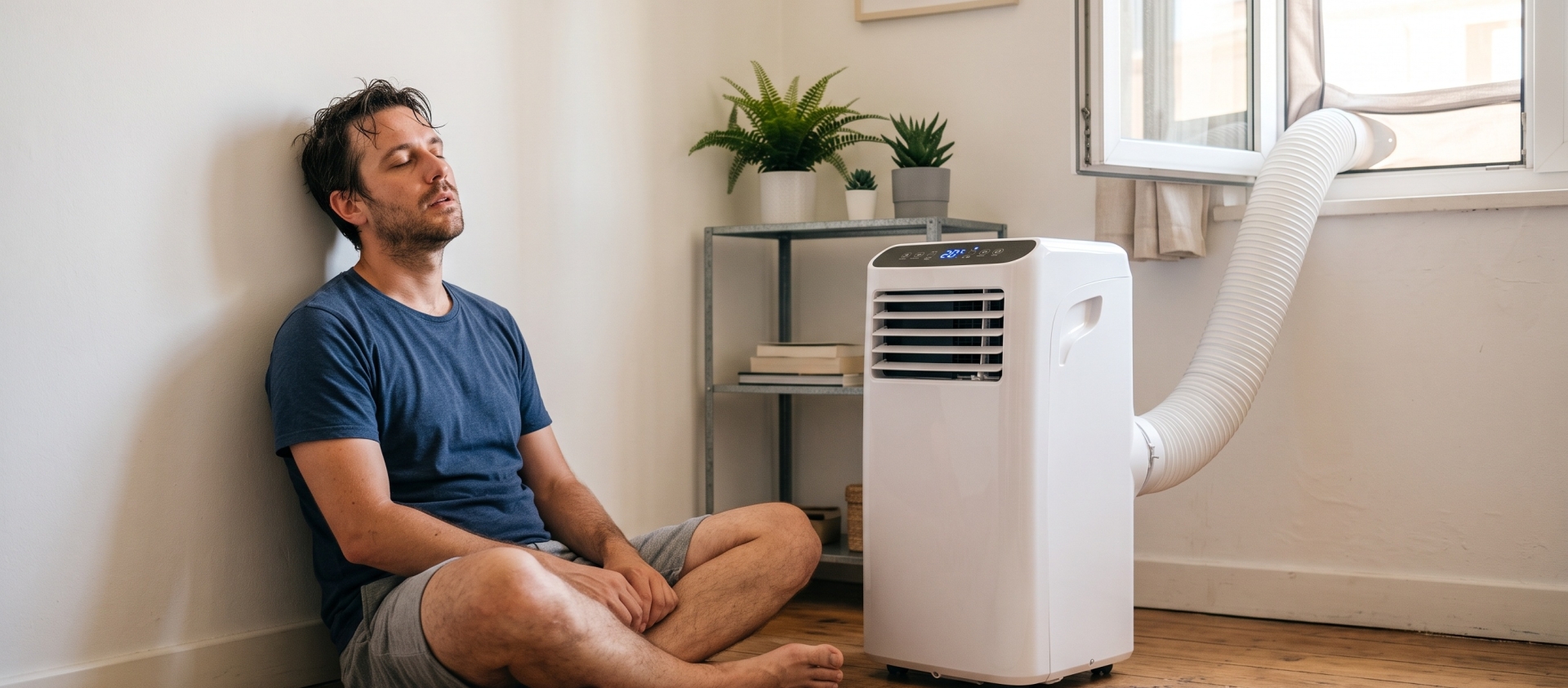 A man sits by a single-hose portable air conditioner venting through a window.