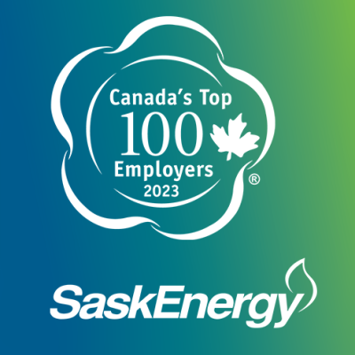 Logos in white text on blue-green background reading "Canada's Top 100 employers 2023" and "SaskEnergy"