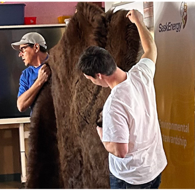 Two men holding up a buffalo hide