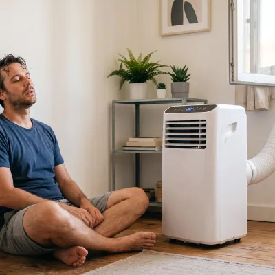 A man sits by a single-hose portable air conditioner venting through a window.