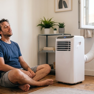 A man sits by a single-hose portable air conditioner venting through a window.