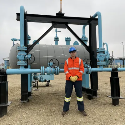 A SaskEnergy employee wearing orange high-vis safety clothing stands in front of an above-ground pipeline structure.