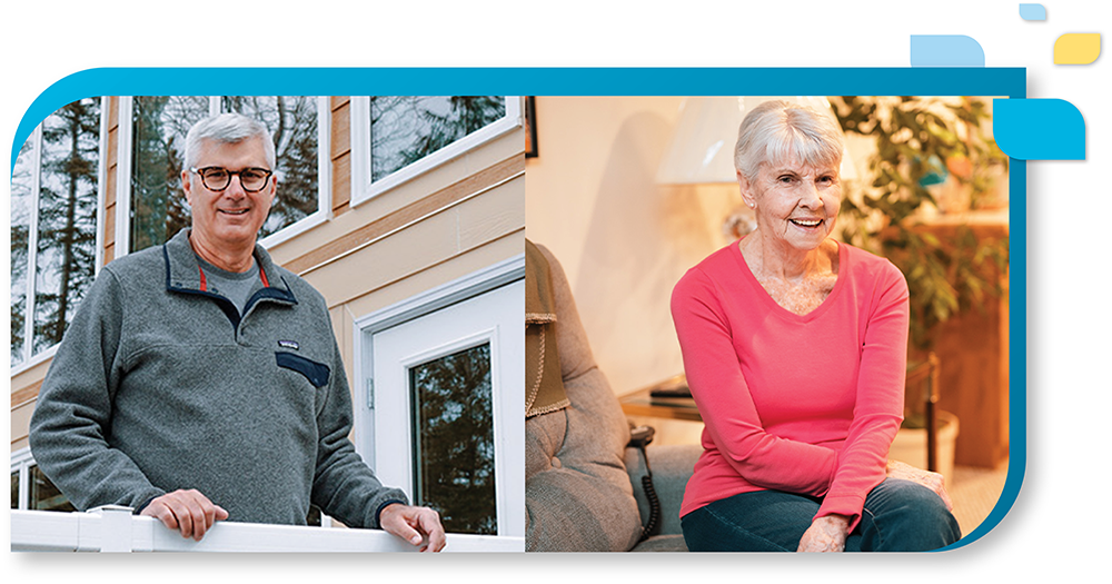 A collage of two photos surrounded by a blue frame. On the left, a man with grey hair and glasses wears a grey shirt. On the right, a woman with short grey hair wears a dark pink shirt. Both are smiling at the camera.