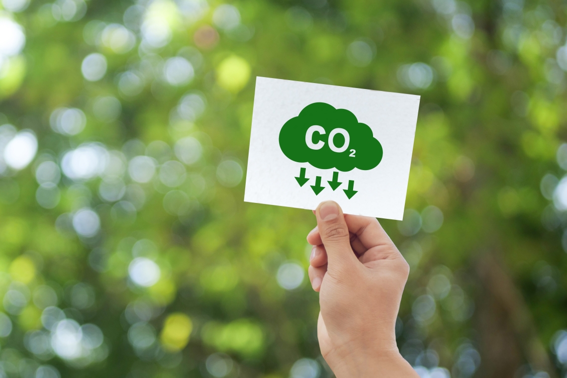 Green background with hand holding a CO2 cloud