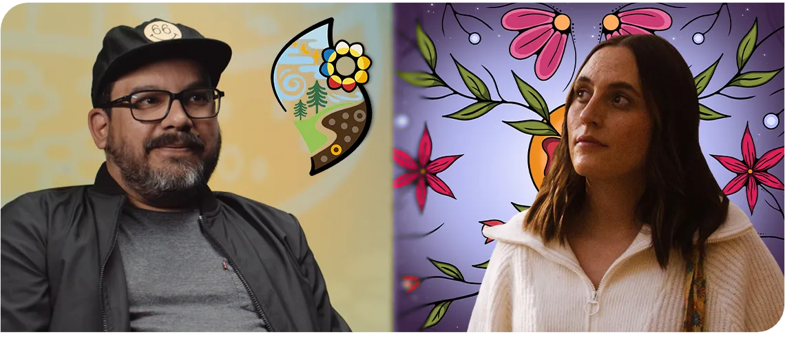 On the left, a man with a beard, glasses and black ballcap. On the right, a woman with shoulder-length brown hair in a white sweater.