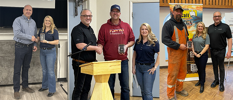 Collage of three award winners at their presentations.
