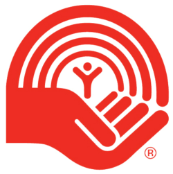 United Way logo - a red hand holding a stick figure person, with a rainbow shape overtop