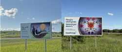 SaskEnergy safety signs installed in a field on White Bear First Nation.