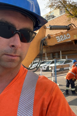 Nick Stone on the job as an Equipment Operator with SaskEnergy.