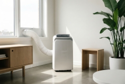 A picture of a single-hose portable air conditioner venting through a window.