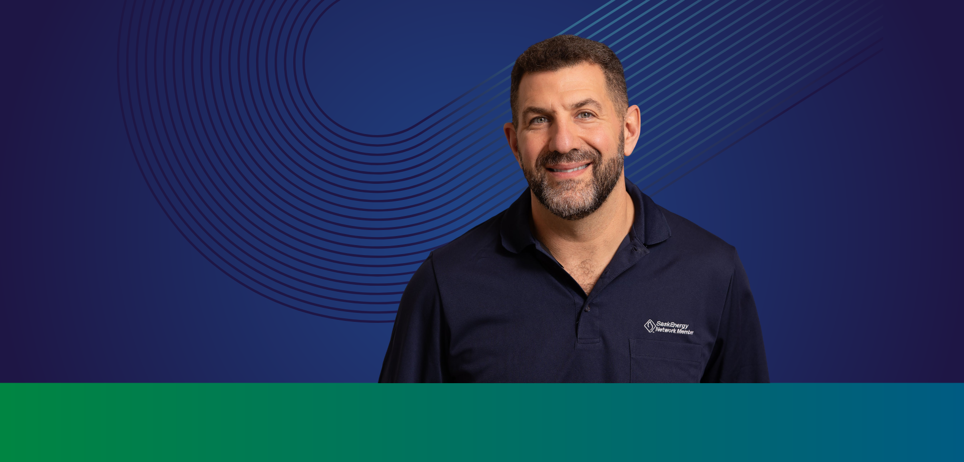 saskenergy network member contractor smiling in front of blue background