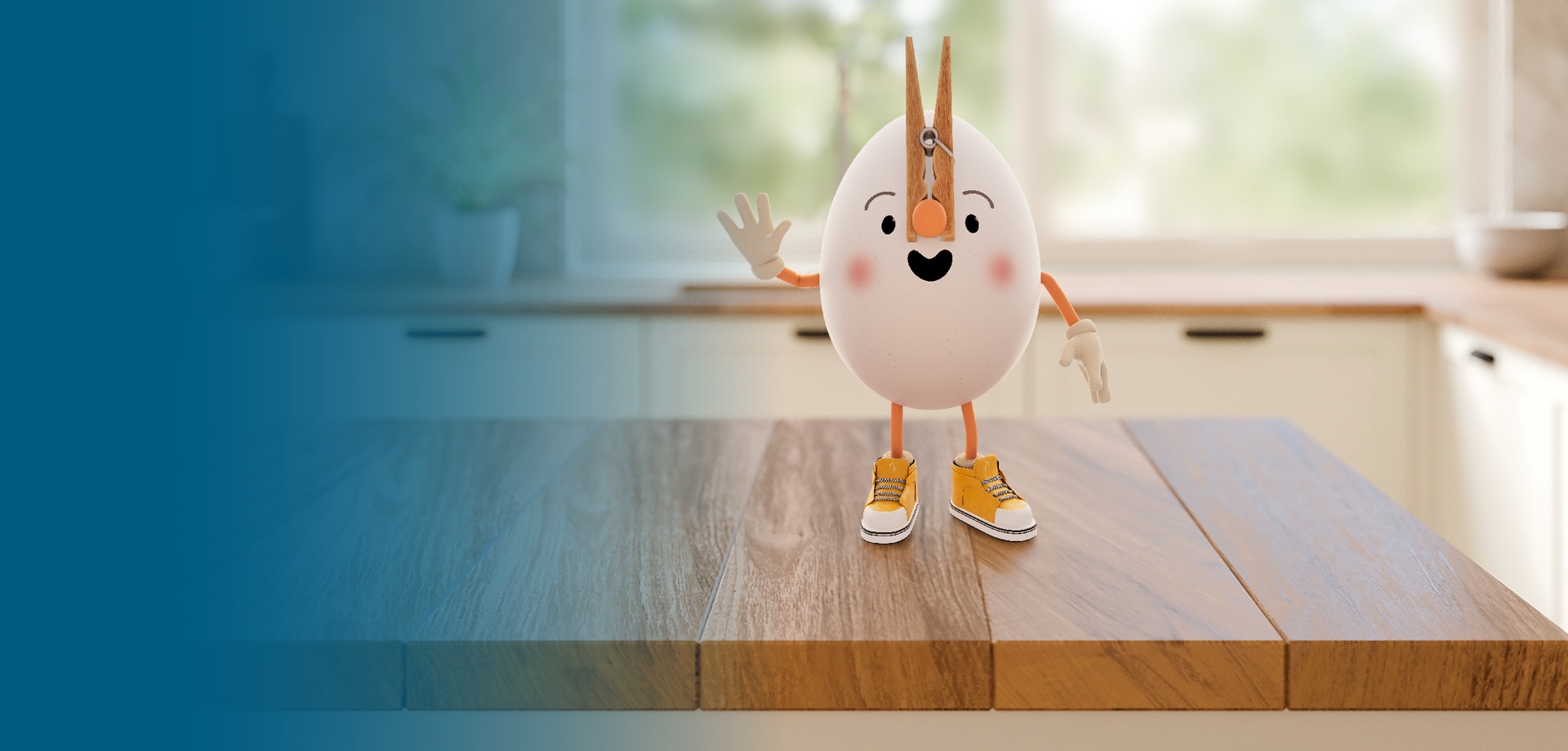 Egg character with clothes pin on his nose smiling and waving